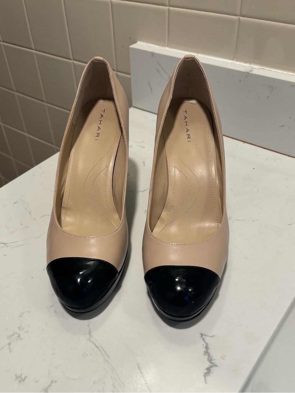 Tahari Laura Beige Pumps with Black Patent Cap Toe
